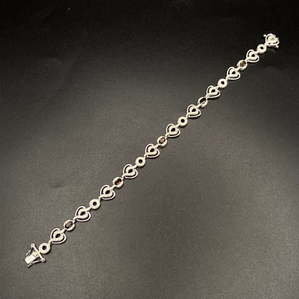 Sterling Silver Smoky Quartz Bracelet Heart Motif Rhodium Plated Signed Size 7.5 - Picture 10 of 13